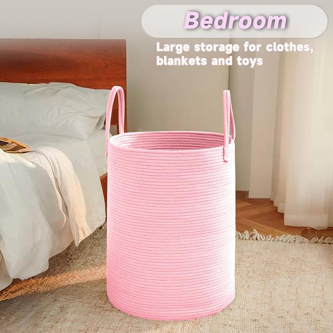 JMvicyroam 100L Cotton Rope Laundry Basket Hamper, Pink | Collapsible laundry basket, reinforced handles, freestanding, machine washable, holds 3-5 thick blankets, clothes or toys