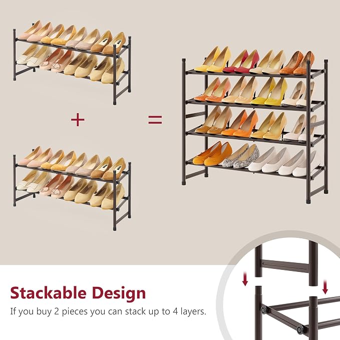 Expandable Shoe Rack for Closet 2 Tier, 28“-41“Stackable, Bronze | Adjustable Shoe Organizer Closet Shoe Rack Floor, Metal Small Shoe Shelf Storage for Entryway, Garage, Front Door Entrance