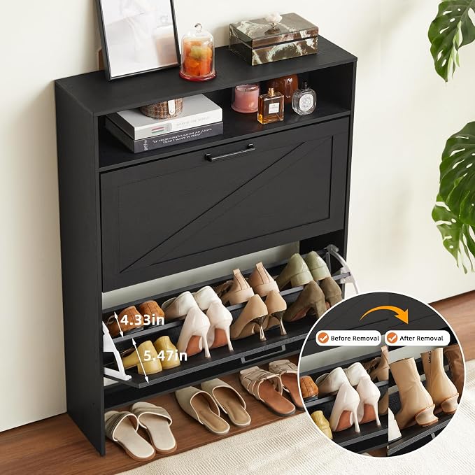 RWYHG Shoe Cabinet Storage for Entryway with 2 Flip Drawers | Open Storage Layer Rack Narrow Organizer Slim Hidden Wood Shoe Cabinet Furniture