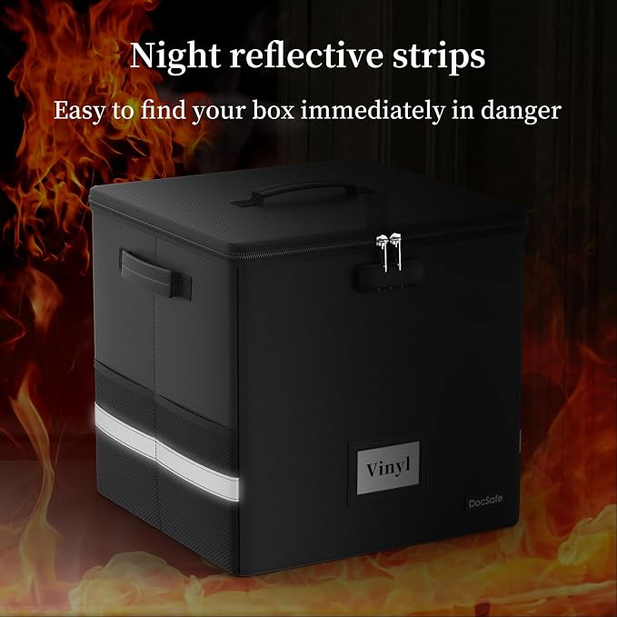 DocSafe Vinyl Record Storage Box with Lock,Fireproof＆Water Resistant Record Organizer Storage for 100+ Single Records(12-inch),Collapsible Storage Crate with Lid&Handles for Valuable Album Collection