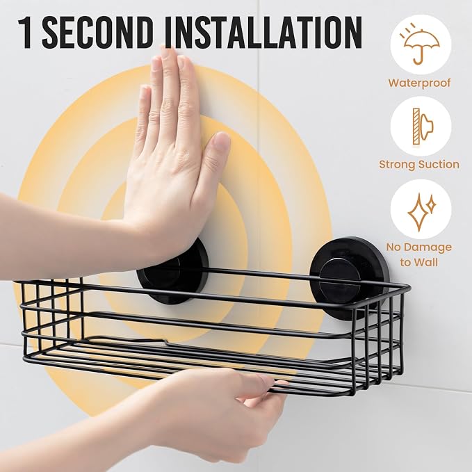 LEVERLOC Shower Caddy Suction Cup, Bathroom Organizer for Inside Shower | Black Bathroom Organizer With Hook, Rustproof Shower Holder Storage, 3 Pack Shower Caddies, Heavy Duty Shower Basket