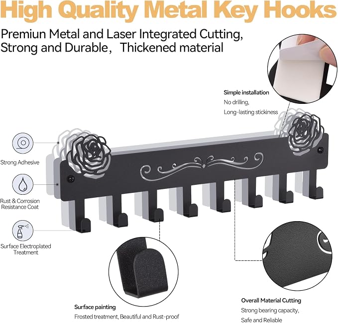 2-Pack Premium Iron Key Holder for Wall – Dual Installation | key holder wall mount Dual Installation: Wall Mount & Adhesive, 8 Hooks Key Rack for Entryway, Bathroom, Kitchen, Office