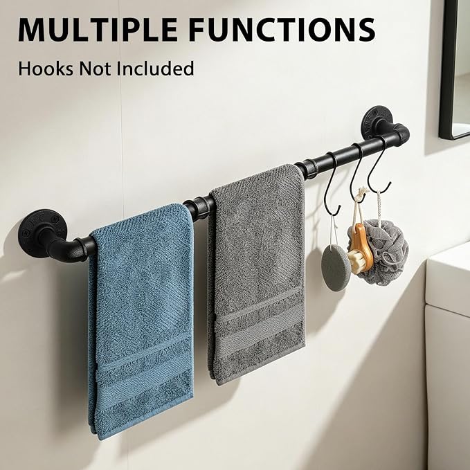 Industrial Pipe Towel Rack Towel Bar, Heavy Duty Wall Mounted Rustic Farmhouse Bath Towel Holder for Bathroom (Black, 42 inch)
