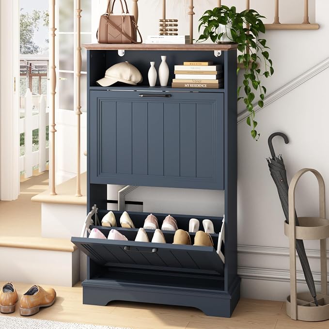 24" W Hidden Shoe Storage Cabinet with 2 Flip Drawers & Open Storage | Farmhouse Modern Shoes Rack Cabinet,Adjustable Shelves, Narrow Slim Shoes Organizer for Entryway,Foyer,Hallway,Navy Blue