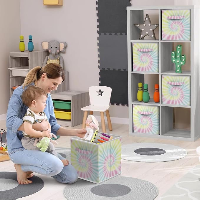 Sorbus Fabric Storage Cubes - 6 Foldable Tie Dye Storage Bins for Organizing Cubbies, Toy Box - Clothes Storage & Closet Organizer - 11 Inch Collapsible Cube Baskets for Shelves with Handle