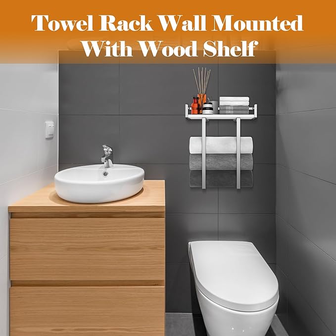 Towel Rack Wall Mounted, Xstydes Metal Towel Holder with Wooden Shelf for Folding Large Towels, Towel Storage for Small Bathroom Organizer Decor or RV Camping, Silver