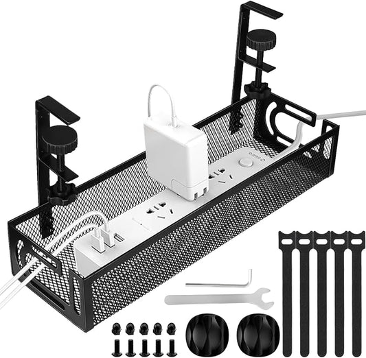 Cable Management Under Desk, Under Desk Cable Management Tray | No Drill Cable Tray, Metal Mesh Cord Organizer, cable organizer with Clamp for Standing Desk, Desk Organizer for Home Office