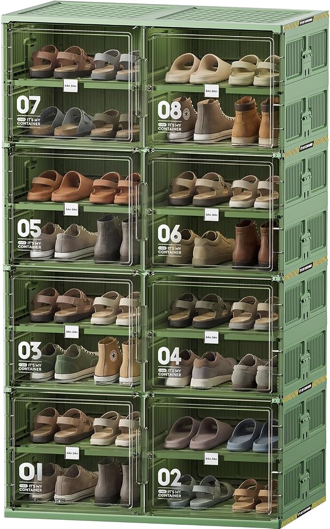 JEKO&JEKO 8 Tiers Green Foldable Shoe Rack Organizer for Entryway, Outdoor Front Door Shoe Storage Cabinet, Large Collapsible Shoe Box with Magnetic Doors, Holds Up to 32 Pairs