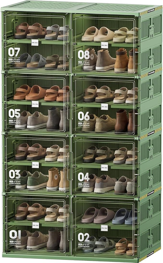 JEKO&JEKO 8 Tiers Green Foldable Shoe Rack Organizer for Entryway, Outdoor Front Door Shoe Storage Cabinet, Large Collapsible Shoe Box with Magnetic Doors, Holds Up to 32 Pairs