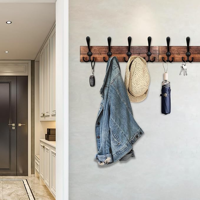 IBosins Wall Mounted Coat Rack, 31.4" Long with 8 Black Rustic Tri-Hooks | Burnt Finish Metal Wood Entryway Hanging Coat Hook Rack for Coat, Bag, Towel, Key, Hat, Umbrella