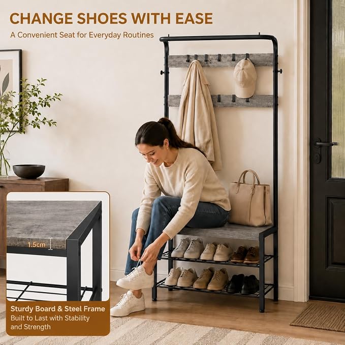 Simple Deluxe 4-in-1 Hall Tree with Bench and Shoe Storage, Entryway Coat Rack with 10 Hooks, Freestanding Mudroom Organizer with 2-Tier Shoe Rack for Entryway Bedroom Foyer, Grey