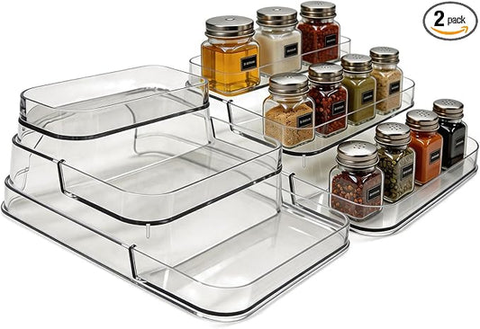 3-Tier Spice Rack 2-Pack, Clear PET Storage Set | No assembly required, fits kitchen, bathroom, pantry. Holds spices, vitamins, cosmetics. BPA-free, space-saving