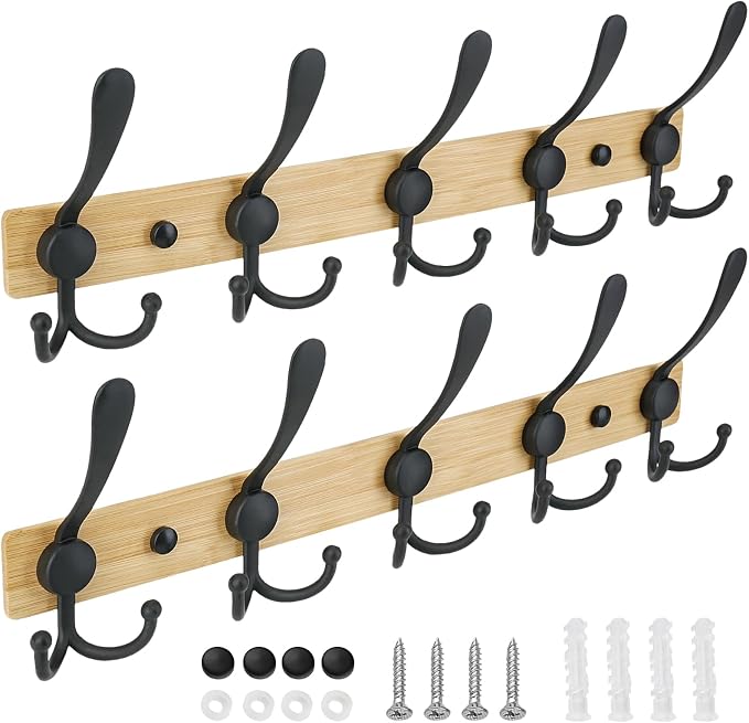TICONN Wall Mounted Coat Rack, Five Heavy Duty Tri Hooks All Metal Construction for Jacket Coat Hat in Mudroom Entryway (Wood Black, 2-Pack)