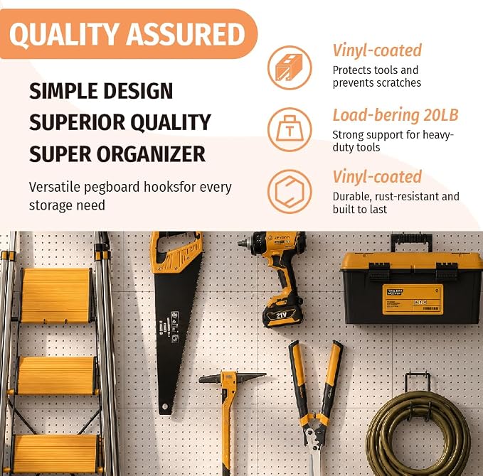 HUHOLE 10 Pack Pegboard Drill Holder Utility Hooks for 1/4 Inch Pegboard | Tool Holders with 20 lb Capacity for Power Tools, Hammers, Cords, Hoses, Shovels, Brooms and Garage Storage