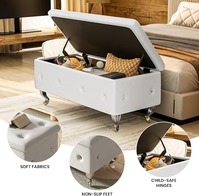 Recaceik Ottoman with Storage, Small Upholstered Storage Bench for Bedroom, Ottoman Bench with Legs for Living Room, End of Bed, Entryway, Window, White