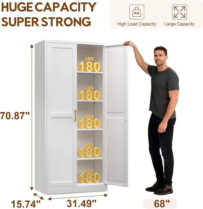 UNICOLY 71" Kitchen Pantry Cabinet, Metal Pantry Storage Cabinet with Doors | Tall Storage Cabinet with 4 Shelves, White Storage Cabinets for Kitchens, Living Room, Dinning Room, Assembly Required