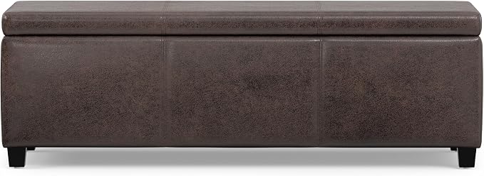 SIMPLIHOME Avalon Storage Ottoman Bench - 48" Wide x 16" High Upholstered Vegan Leather Rectangular Lift-Top Ottoman in Distressed Brown, Contemporary Bench for Living Room with High-Density Foam