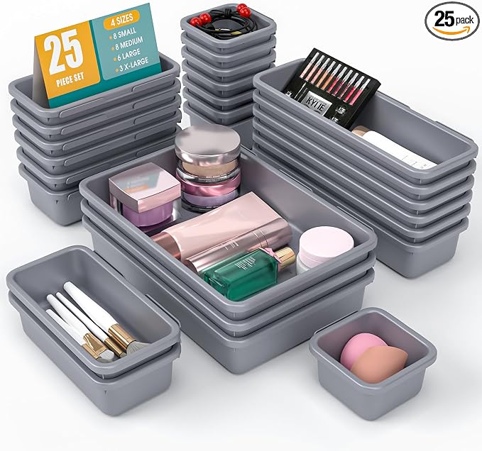 25 PCS Drawer Organizer Set, 4 Size Makeup Drawer Divider Organizer With Non-Slip Pads, Interlocking Plastic Storage Bins for Office,Jewelry Vanity,Gadgets, Bathroom,Kitchen, Grey