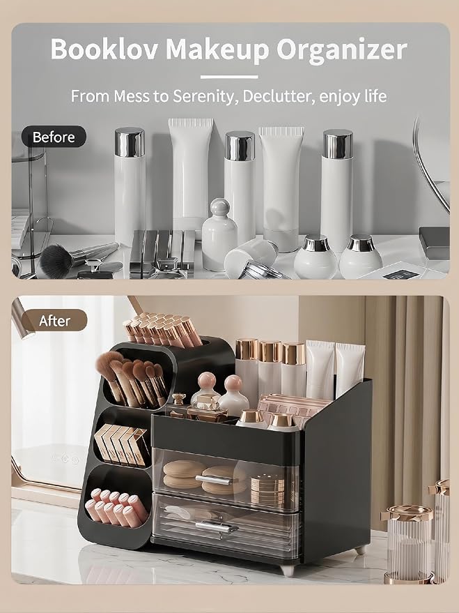 Booklov Large Makeup Organizer for Vanity Countertop, Black | Clear Acrylic Cosmetic Display Case, Beauty Brush Holder for Bathroom Counter, Make Up Skincare Lipsticks Storage