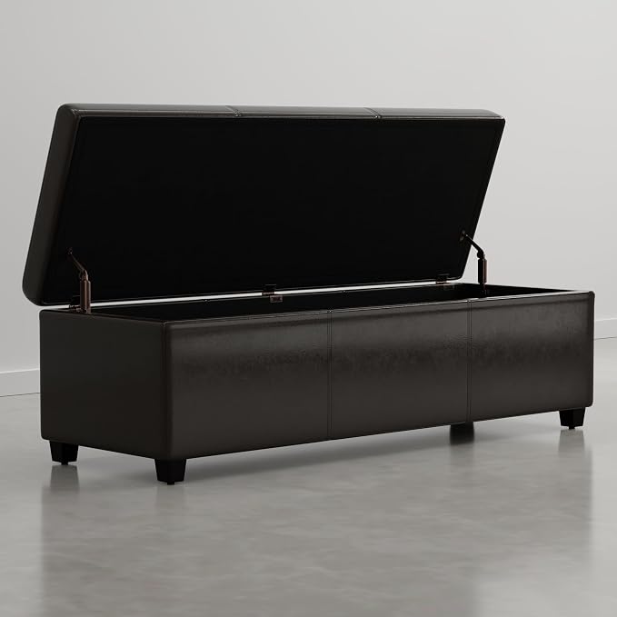 SIMPLIHOME Avalon Extra Large Storage Ottoman Bench - 54 inch Wide Upholstered Vegan Leather Rectangular Lift-Top Ottoman in Dark Clove Brown, Contemporary Bench for Living Room with Hidden Storage