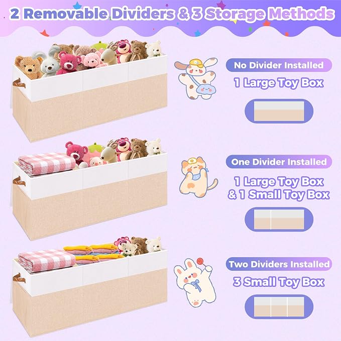 Extra Large Toy Storage Box with Lid, Collapsible Sturdy Toy Chest Storage Organizer Bin Basket with Divider for Kids, Boys, Girls, Closet, Playroom, Bedroom, Nursery, 40"X14"X16", Beige & White | Sturdy Kids Toys Bin with 2 Mesh Pockets and Dividers f...
