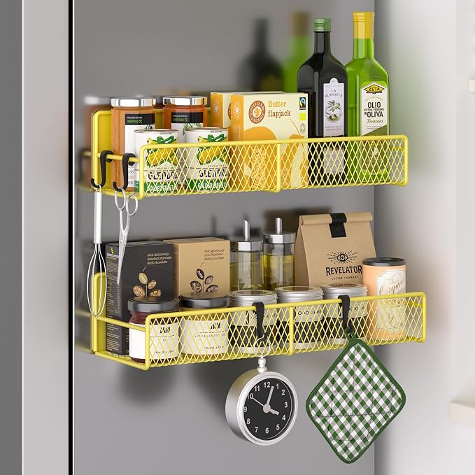Magnetic Spice Rack for Refrigerator, 2 Pack 100% Metal Strong Magnet Shelf, Space Saving Spice Organizer W/ Hooks, Movable Magnetic Fridge Shelf, Kitchen Home Laundry Room Storage Organization,Yellow