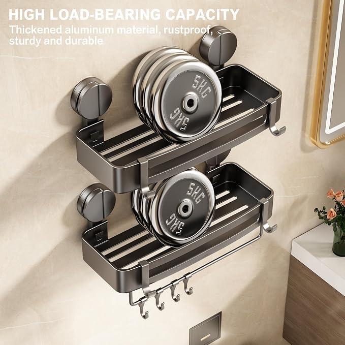 Shower Caddy Suction Cup, 1 Pack Corner Shower Shelves No Drilling, Showers Organizer Storage with Towel Bar & Removable Hooks, Bathroom Shower Shelf Rack for Inside Showers