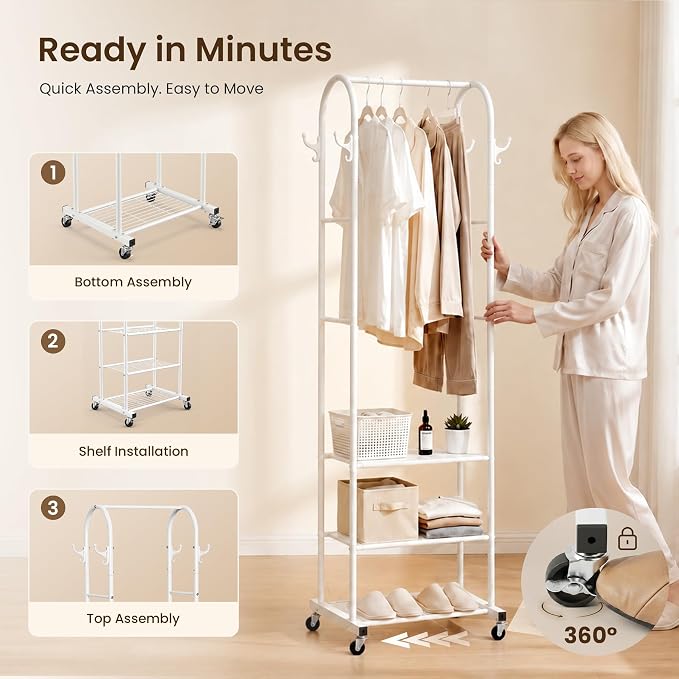 Cesun Heavy Duty Clothes Rack with 3-Tier Mesh Shelves & 8 Hooks, White | Space-Saving Design, Lockable Wheels, Easy Assembly, Stainless Steel, Small Garment Rack for Entrance/Bedroom/Living Room