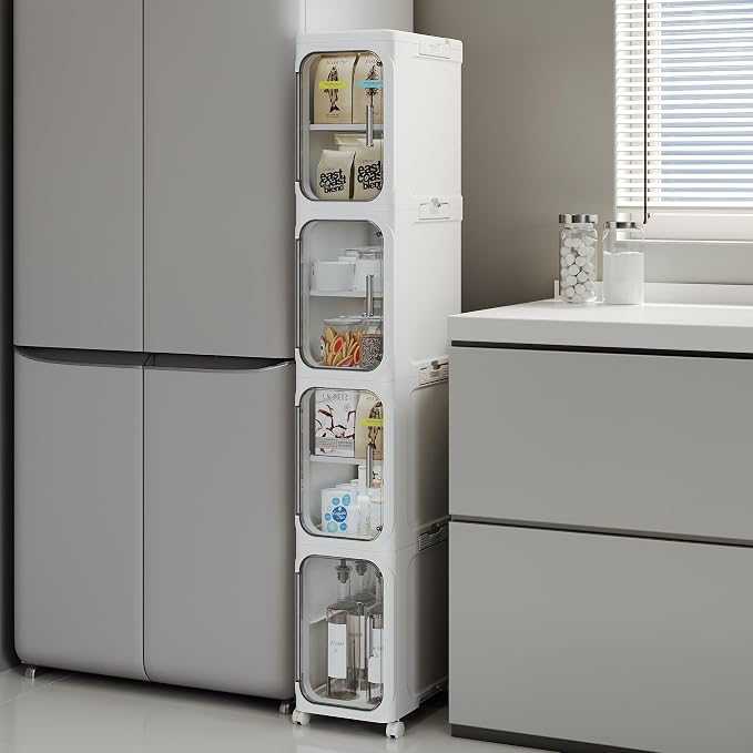Narrow Slim Bathroom Storage Cabinet with Wheels, 4-Tier White | Tool Free Assembly, Adjustable Shelves, Fits for Narrow Spaces, Reinforced Stability, Magnetic Clear Door