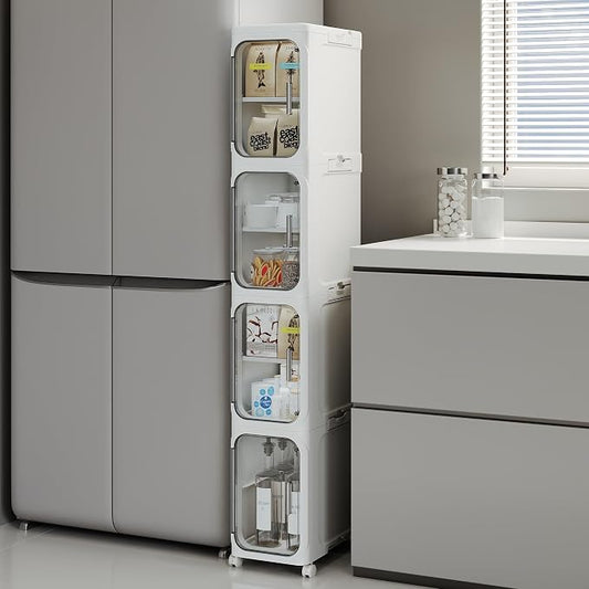 Narrow Slim Bathroom Storage Cabinet with Wheels, 4-Tier White | Tool Free Assembly, Adjustable Shelves, Fits for Narrow Spaces, Reinforced Stability, Magnetic Clear Door