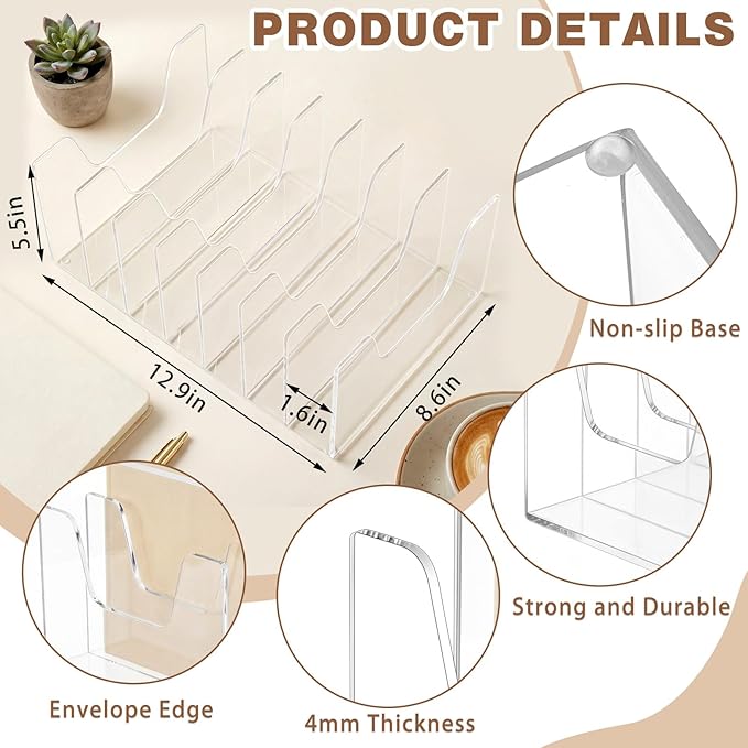 Wenqik 7 Section Clear Acrylic Desktop File Organizer Vertical File Sorter 4mm Thick, Large Capacity Upright Magazine Organizer, Book Paper, Notebooks, Envelopes, Mail Holder