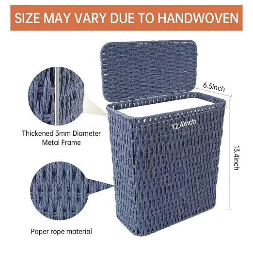 Coeusy 3 Gallon Paper Rope Bathroom Trash Can,Small Wicker Trash Cans with Lid and Liner,Woven Rattan Narrow Waste Basket for Bedroom,Office,Blue