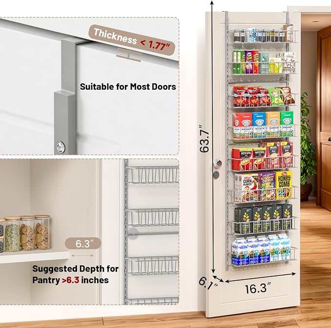 ElegantArray 8-Tier Pantry Door Organizer, Light Gray | Over The Door, Hanging Spice Rack Shelves, Home Office Laundry Room Bathroom & Kitchen, Storage Rack