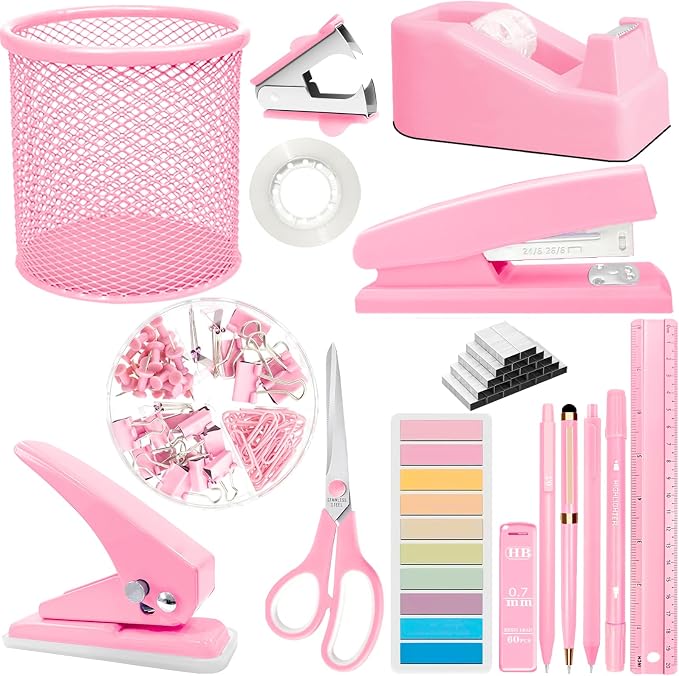 JIZHIYUAN Pink Desk Accessories Set - 16 Pcs Pink Office Supplies with Stapler, Tape Dispenser, Pen Holder, Staple Remover, Hole Punch, Practical Aesthetics Desk Sets for Office, Home, School Women