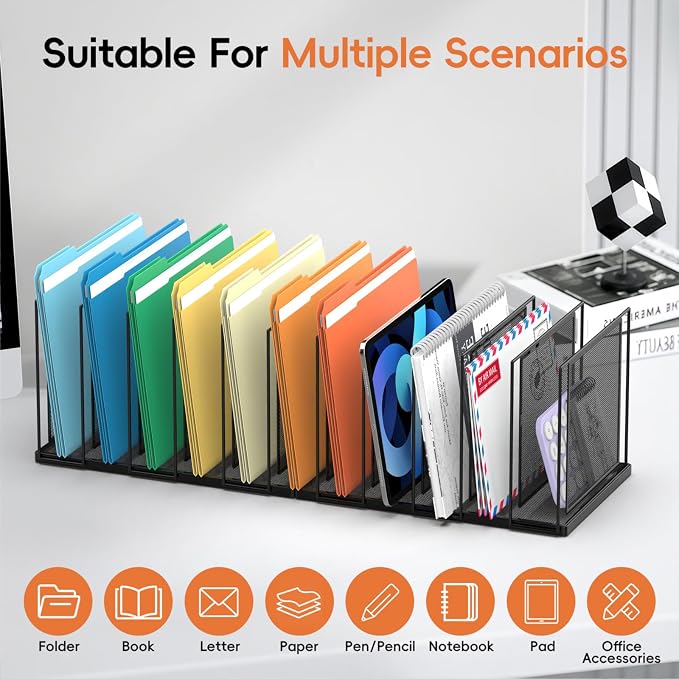 File Organizer For Desk, 11 Section Metal Desk File Sorter, Black | Desk file organizer, connectable 11 section design, 2.17 in spacing, vertical folder storage for home office and classroom