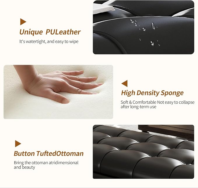 38" Black Faux Leather Storage Ottoman Footrest | Solid wood frame bench, 4-leg easy assembly. Use as end-of-bed, footrest, entryway seat. Hinged hidden storage, multi-use.