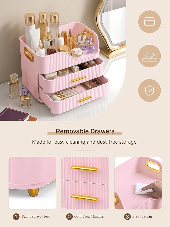Booklov Large Makeup Organizer for Vanity, Bathroom Countertop, Pink | Plastic Cosmetic Display Case with Drawers, Beauty Brush Holder for Dresser Counter Skincare Eyeshadow Lipstick Storage