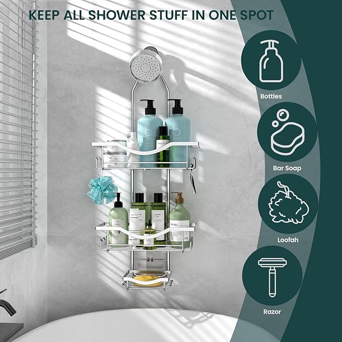Shower Caddy Hanging Adjustable Shower Caddy, Rustproof Shower Organizer Extended Length Showers Caddy Over Shower Head with Hooks Soap Holder, Large Capacity Anti-Swing Bathroom Organizer, Silver | Rustproof Shower Organizer, Extra Long, No Drilling, ...