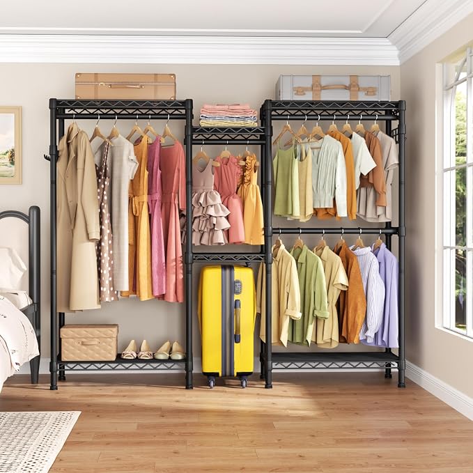 Golpart Heavy Duty Clothes Rack Metal Wardrobe with Adjustable Wire Shelves | Closet Organizers and Storage Clothing Rack Metal System Freestanding Hanging Clothes System Free Standing Garment Coat Racks