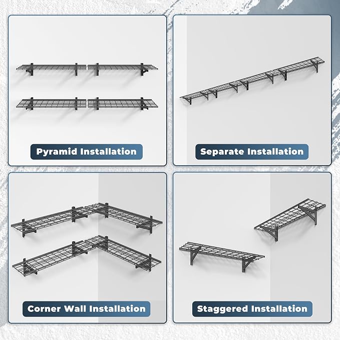 Jusgym 4 Pack Wall Mounted Garage Shelving, 1x4ft, 1400lbs Integrated Grid | Wall Mounted Floating Design, 12"x96" Storage Rack, No Splice Seamless Structure, Rustproof Black Coating for Garage Workshop