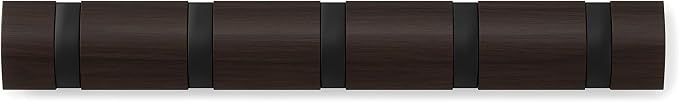 Umbra Flip Coat Rack, Wall Mounted 5-Hook Space Saving, Walnut/Black | Real wood and steel build, retractable hooks fold flat, holds coats bags and scarves, easy install