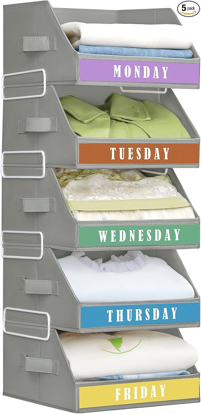 Closet Organizers and Storage - 5 Tier Shelf Organizer with Weekly Labels, Stackable Storage Bins with Metal Frame, Foldable Cube Bins, Home Baskets for Kids and Adults, Grey