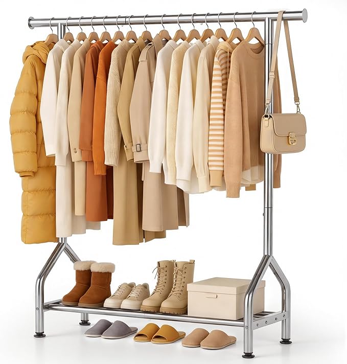 EAGMAK Sturdy Clothing Racks with Shelf, Metal Clothes Rack with Leveling Feet for Hanging Clothes, Freestanding Garment Coat Rack for Bedroom, Apartment & Small Spaces, Silver