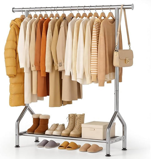 EAGMAK Sturdy Clothing Racks with Shelf, Metal Clothes Rack with Leveling Feet for Hanging Clothes, Freestanding Garment Coat Rack for Bedroom, Apartment & Small Spaces, Silver