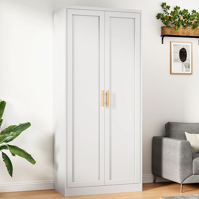 71”Tall Kitchen Pantry Cabinet, Metal Storage Cabinet with Doors and Shelves (White)
