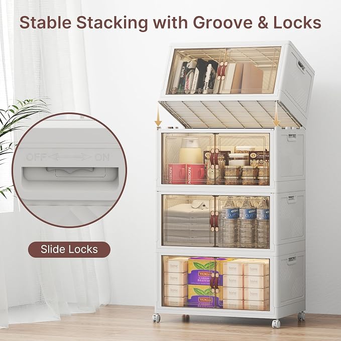 UAMFURI Stackable Storage Bins with Lids, 192QT Lockable Storage Cabinet | Folding Storage Box with Doors and Wheels, Collapsible Plastic Drawers for Home, Garage, Office