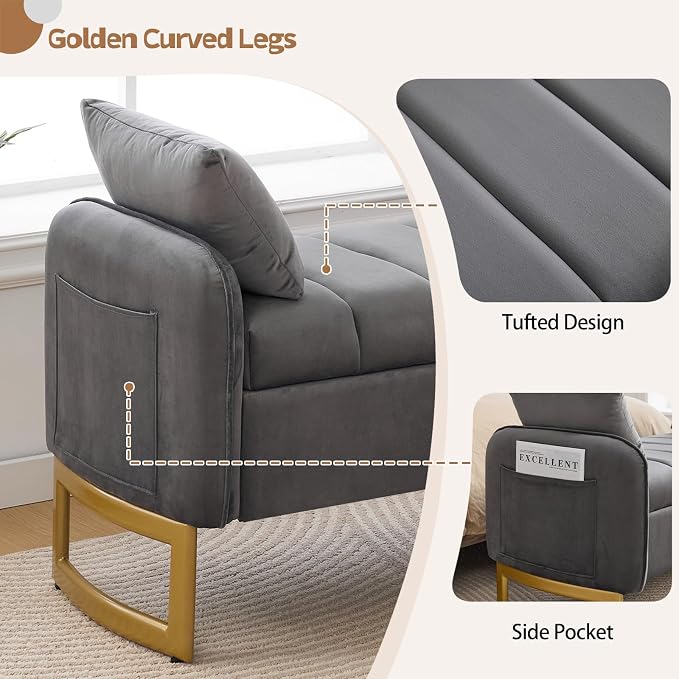 End of Bed Storage Bench, 51'' Velvet Storage Benches for Queen Size Bedroom Foot of Bed, Storage Ottoman Bench with Golden Legs and Pillow for Living Room Window Entryway, Dark Grey