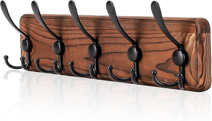 Gohiuo Rustic Wall Mount Coat Rack, Coat Hooks Wall Mount Wood Coat Rack with 5 Triple Hooks, Heavy Duty Wooden Wall Mounted Coat Hanger for Entryway, Farmhouse Hanging Coats, Hats, Bags,Towels