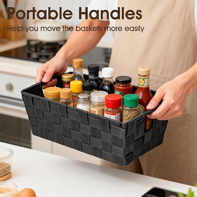 Black Storage Baskets for Shelves, Woven Shelf Baskets for Organizing, Small Strap Organizer Basket for Bathroom Storage, Set of 4