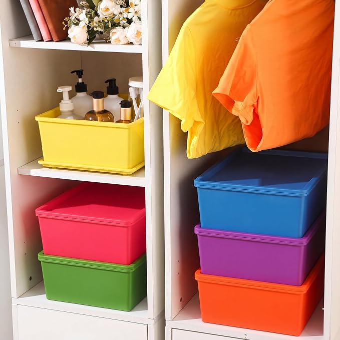 6 Pcs Large Plastic Storage Bins with Lids 14.4 x 10.4 x 5.1 Inch Stackable Storage Containers Decorative Cubby Organizer for Clothes Shelves Garage Closet Office (Colorful)